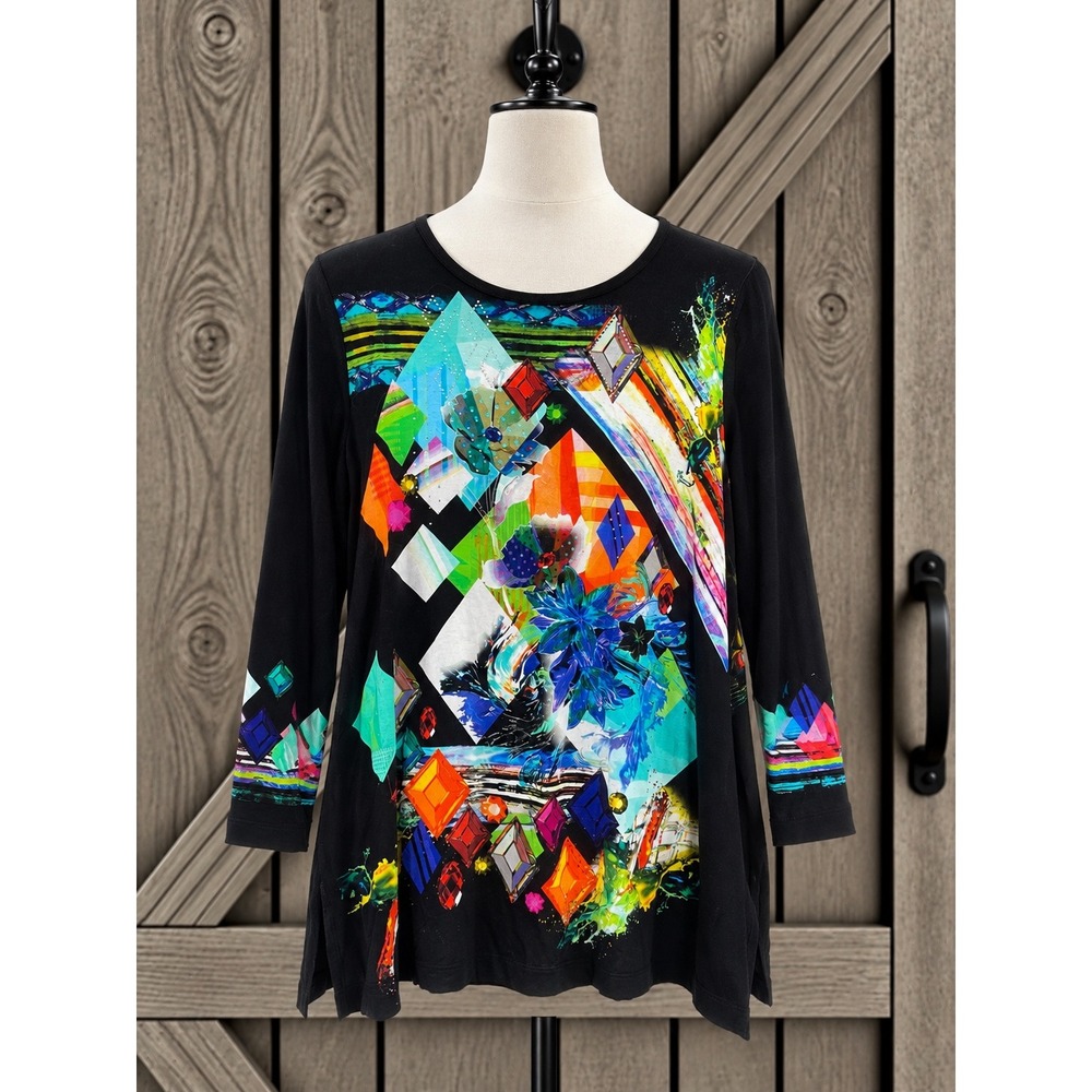 New Ali Miles Flowy Top S Black Multicolor Geometric Rhinestones Art to Wear